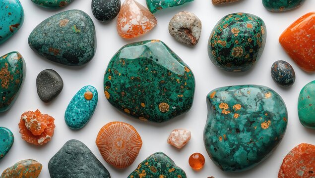 Collection of various chrysocolla gemstones and natural mineral stones, showcasing unique textures and colors, isolated on white background