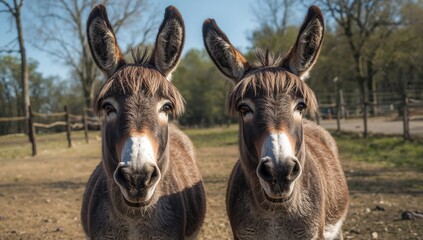 Portrait of Two Donkeys Staring at the Camera on a Farm, Focus on Animal Interaction