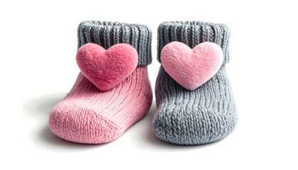 Knitted baby booties in pink and gray with heart decorations