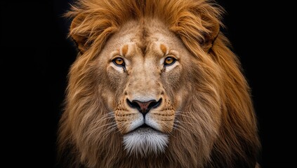 Fototapeta premium Portrait of a large majestic male African lion on a dark backdrop, focusing on wildlife preservation