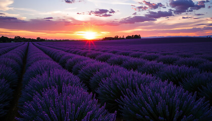 A vast lavender field at sunset with rows of purple flowers under a bright sky – A peaceful rural landscape.