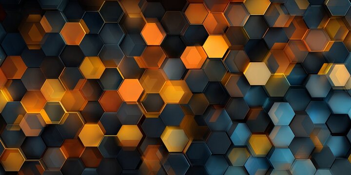Abstract geometric background with vibrant hexagonal shapes in orange, yellow, blue, and black tones, creating a dynamic visual pattern for modern design projects - Powered by Adobe