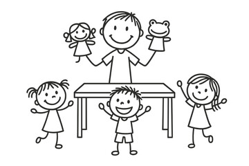 Happy children watching a puppet show performance by an adult with girl and frog hand puppets