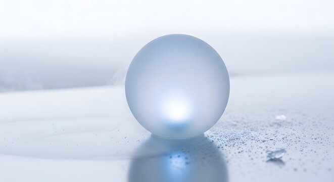 A shiny translucent sphere with a bright spot on a reflective surface with water droplets around it - Powered by Adobe