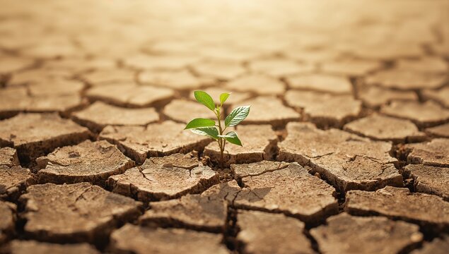 A small plant struggling to survive in cracked, arid soil, highlighting erosion risk
