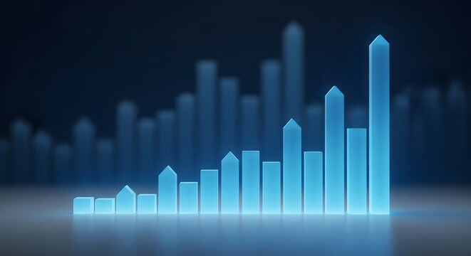 A blue bar graph showing an upward trend against a dark background in a digital illustration