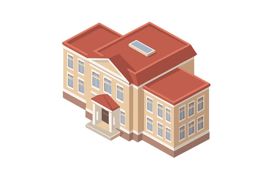Large educational building in isometric perspective with red roof and beige walls