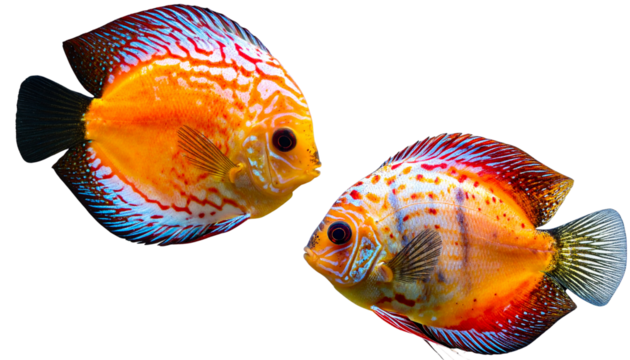 Close-Up of Colorful Baby Discus Fish with Bright Patterns, Isolated on Transparent