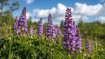 Obraz premium Plants in a sunny forest setting, showcasing vibrant lilac flowers, emphasizing seasonal change