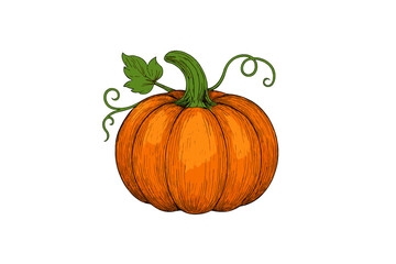 Ripe orange pumpkin with green stem and leaf rendered in a detailed vintage sketch style