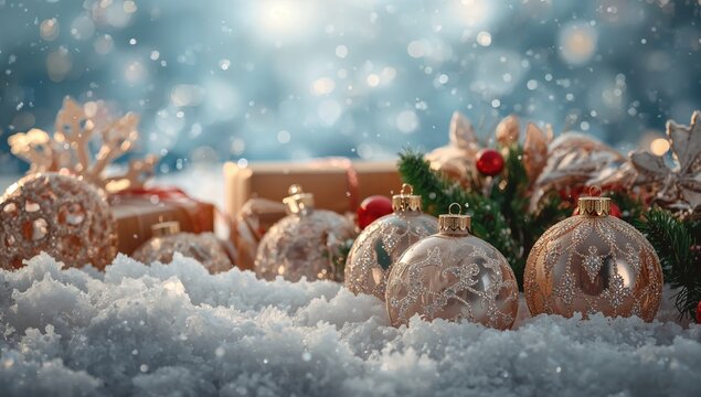 Christmas decorations hidden beneath the snow, seasonal ambiance
