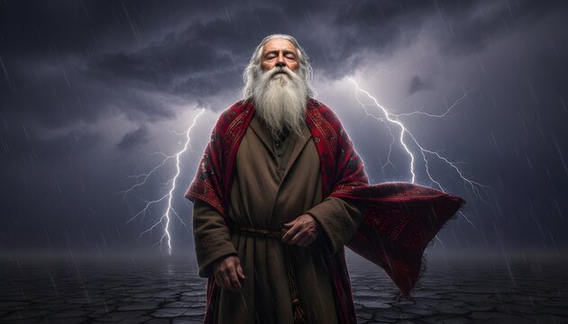 Powerful ancient prophet with a long white beard and red shawl stands in a dramatic thunderstorm with lightning and rain