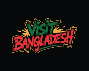Colorful and Vibrant Visit Bangladesh Promotional Art Displaying the Nation's Name with a Retro Style Design
