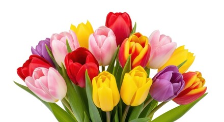 Obraz premium Vibrant bouquet of assorted tulips isolated on white background