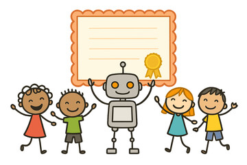 Naklejka premium Diverse children and robot celebrating achievement with blank certificate template