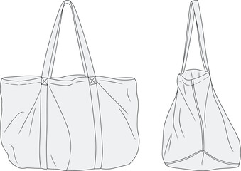 Detailed vector illustration of large tote bag with straps showing front and side views for fashion design, accessory template, and sewing reference