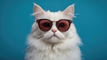 Close-up of a white furry cat wearing stylish sunglasses, showcasing a playful demeanor, pet fashion awareness