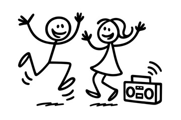 Cheerful stick figures dancing happily to music played on a portable boombox radio