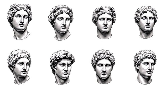 Eight classical sculpted marble busts, depicting various hairstyles and facial expressions - Powered by Adobe