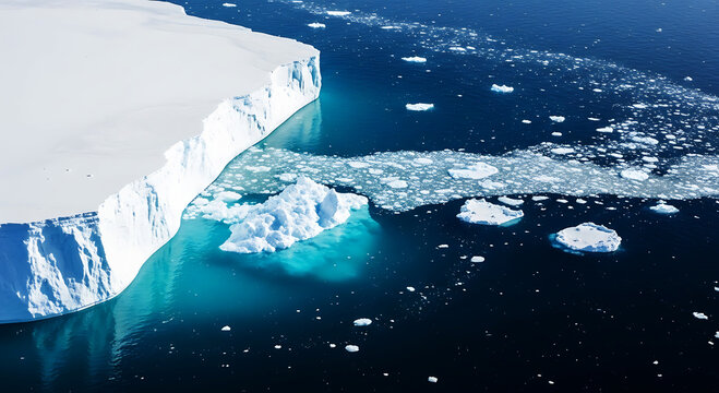 Aerial view of a massive iceberg floating in the deep blue ocean, with smaller ice chunks scattered around
