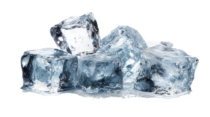 Clear pieces of ice cut out in sharp crystalline shapes creating refreshing frozen texture ideal for beverage, cocktail and cooling concepts isolated on white background
