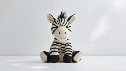 Naklejka premium Zebra plush toy against a white backdrop, suitable for children's playtime