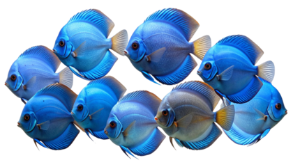 Group of Uniform Blue Discus Fish Swimming Together, Realistic Aquarium Concept, Isolated on Transparent.