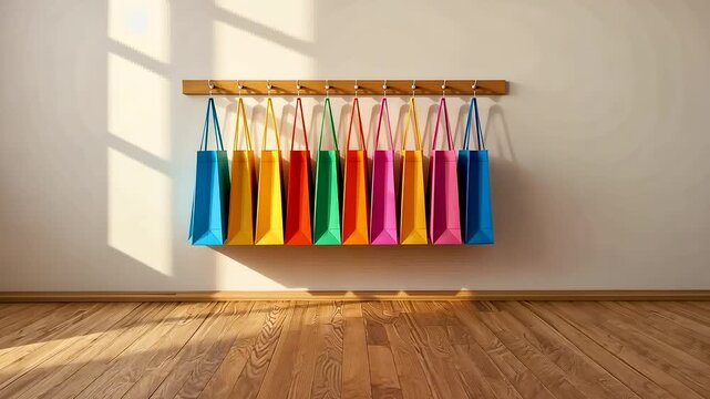 Row of colorful reusable shopping tote bags hanging on wooden rack against white wall in sunlight