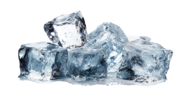 Clear pieces of ice cut out in sharp crystalline shapes creating refreshing frozen texture ideal for beverage, cocktail and cooling concepts isolated on white background
