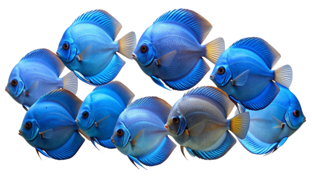 Group of Uniform Blue Discus Fish Swimming Together, Realistic Aquarium Concept, Isolated on Transparent.