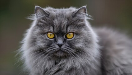 Portrait of a fluffy gray cat with striking yellow eyes, emphasizing its adorable demeanor