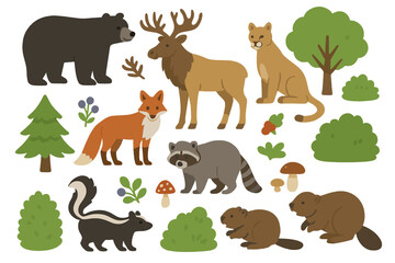 North American woodland animals and forest fauna including trees bushes and berries