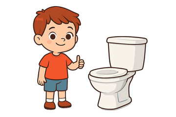 Cheerful little boy giving a positive thumbs up sign next to a clean bathroom toilet