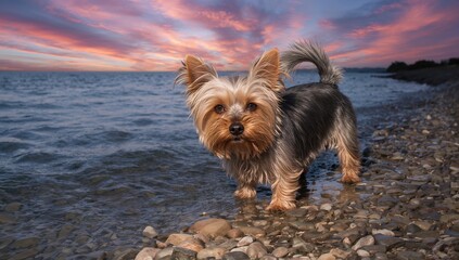 Yorkshire terrier enjoying a walk by the water, evening stroll, pet activity