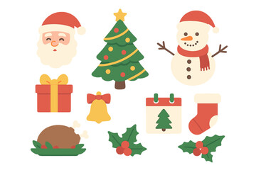 Festive Christmas and winter holiday symbols including Santa Claus, snowman, tree, and gifts