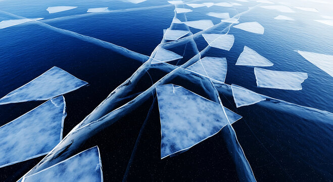 Cracked ice surface with geometric patterns and floating ice shards, showcasing the abstract beauty of frozen water in a cold environment