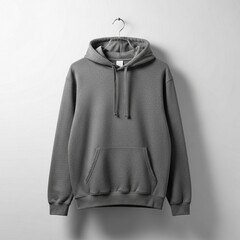 Minimalist Studio Shot of a Dark Grey Hooded Sweatshirt on a Metal Hanger