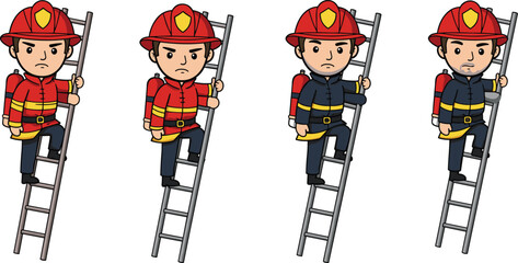 Cartoon firefighters climbing ladders, emergency response, protective gear, fire rescue, uniform evolution, character design, safety equipment, helmet, boots, oxygen tank