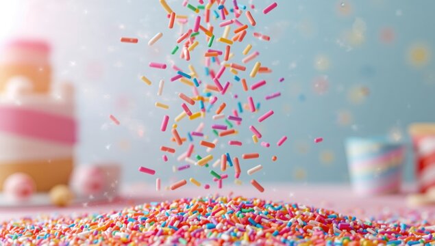 3D illustration of colorful sprinkles cascading down, adding a playful touch to desserts, playful food decoration theme