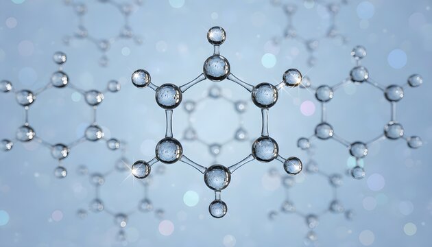 Elegant 3D rendering of clear hexagonal molecular structures representing chemistry, science, and technological innovation against a soft blue bokeh background