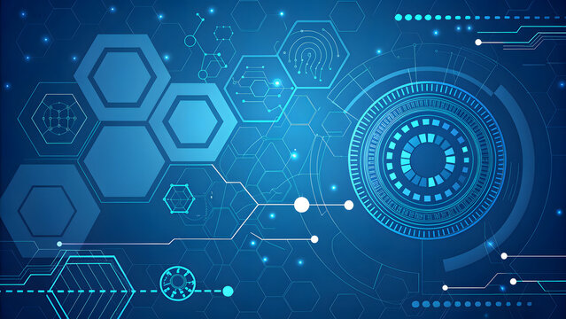 Futuristic blue digital network with hexagons and circular interface - Powered by Adobe