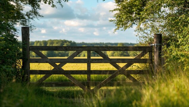 Wooden five-bar gate in rural landscape during summer, seasonal change