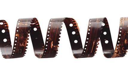 Curled vintage film strip with sprocket hole detail isolated on transparent background