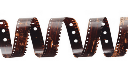 Curled vintage film strip with sprocket hole detail isolated on transparent background