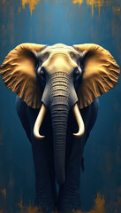 Majestic elephant head portrait, front view. Animal art with golden highlights on large ears, white tusks. Powerful wild mammal stands against textured blue background with gold accents, brush
