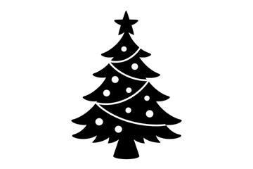 Black silhouette of a decorated Christmas tree adorned with ornaments and a star topper