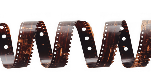 Curled vintage film strip with sprocket hole detail isolated on transparent background