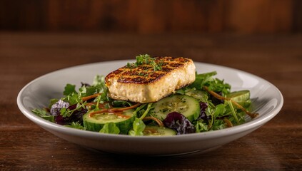 Grilled halloumi cheese accompanied by a fresh vegetable salad, protein-rich meal