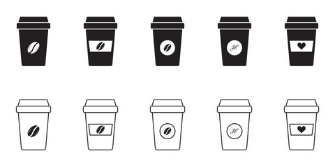 Coffee cup icons vector set in line and flat style. Disposable coffee cup. Coffee paper cup, plastic container for hot and cold drink, juice, tea, cocoa and other. Vector illustration