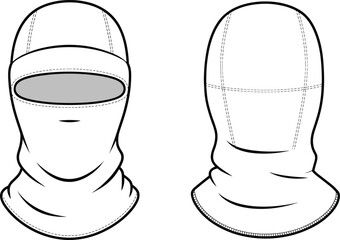 Technical vector illustration of full-face balaclava mask design showing front and back views, seam details, fabric folds, and professional apparel layout